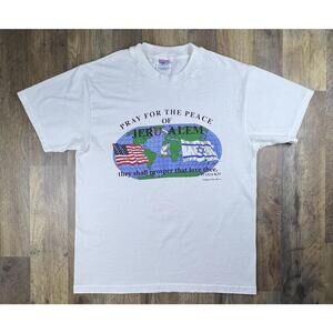 Vintage 90s Pray For Peace Jerusalem Tee USA ISRAEL Flags Psalm 122:6 KJV M .